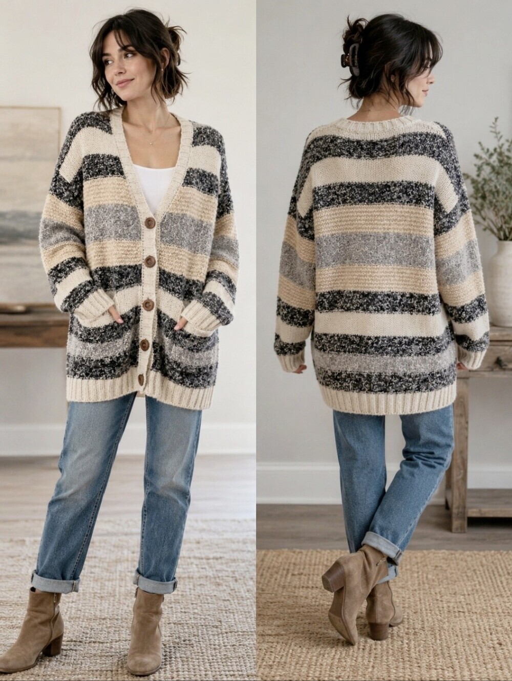 BKE Oversized Striped Chunky Knit Cardigan XS Gray Cream Boho Sweater